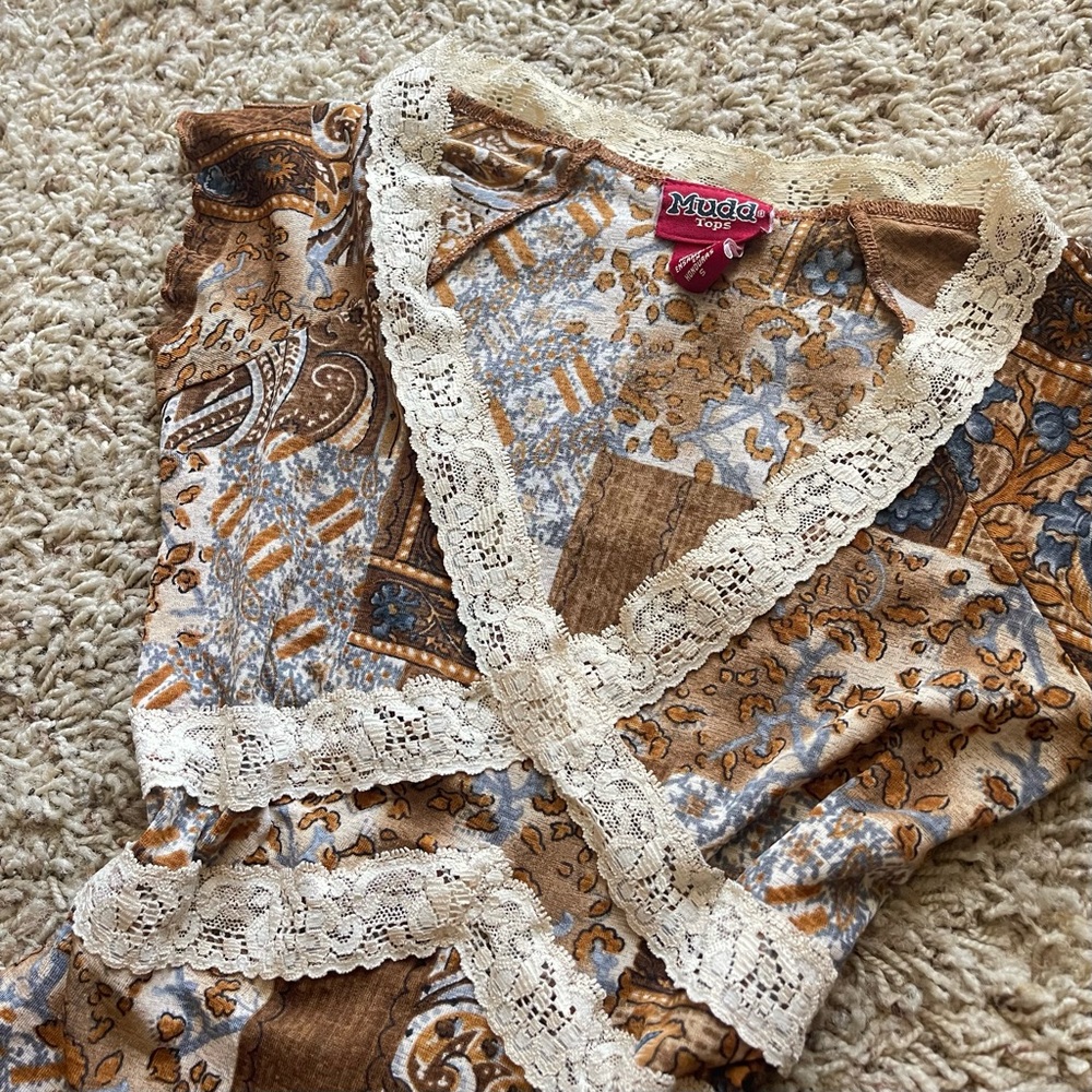 Vintage Mudd Brown Cream and Blue Patchwork Lace-Trim Camisole - Picture 3 of 7